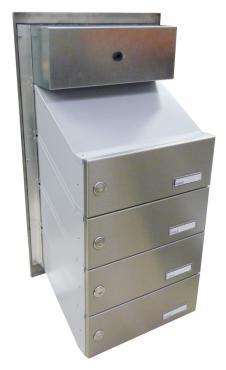 4x poštovní schránka D-041 šikmá do sloupku + čelní deska s 4x zvonkem a přípravou pro HM - NEREZ